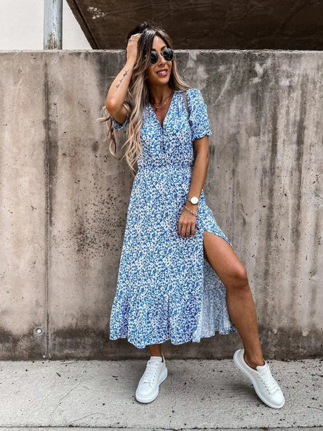 Summer Floral Print Dress Women V Neck Side Slit Long Dress Elegant Short Sleeve Button Slim Spring Female Party Dress Vestidos - Lootquake