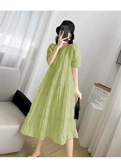 2025 Summer Maternity Pleated Dress Solid Color Loose Pregnant Woman Long Dress Short Sleeve Plus Size Pregnancy Ball Gown Dress - Lootquake