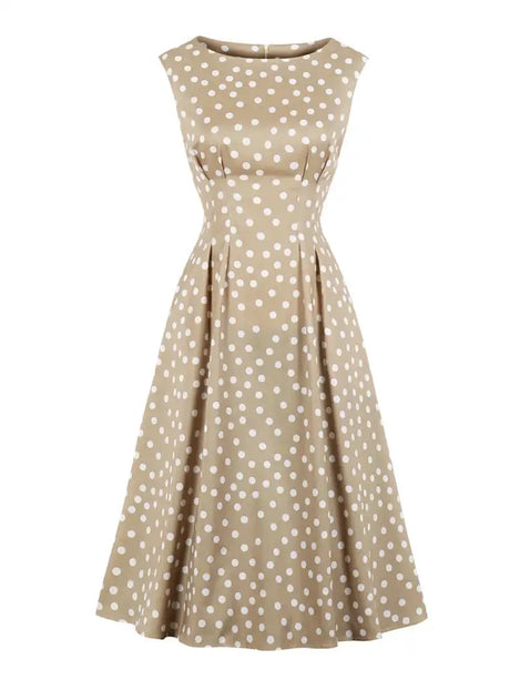 Tonval Khaki Color High Waist Elegant Polka Dot Women Vintage Long Dress Sleeveless Pocket Side Ladies Midi Dresses Retro - Lootquake