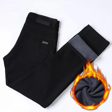 2024 New Winter Pure Black Fleece Thick Warm Jeans Men's loose Straight Elastic Denim Pants classics Casual Plush Trousers - Lootquake