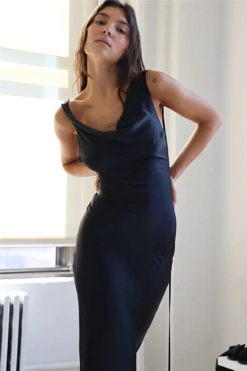Fashion Women Satin Vintage Long Bodycon Dress Elegant Backless Spaghetti Strap Long Dress Y2K Sexy Low Cut Club Party Dress - Lootquake
