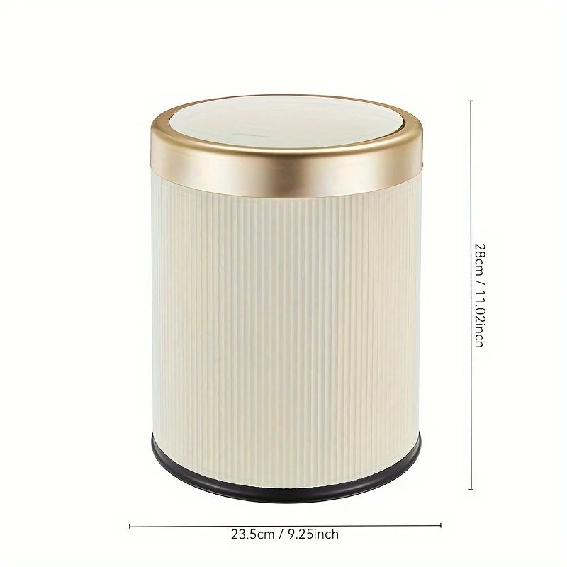 1 fashionable circular top garbage bin with gold edge - durable, stylish storage essential household garbage basket