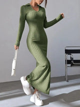 2024 Spring/Summer Knitted Dress Slim Fit Fashion Casual Women's Lapel Long sleeved Dress Concave Stripe Solid Color Long Dress - Lootquake