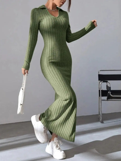 2024 Spring/Summer Knitted Dress Slim Fit Fashion Casual Women's Lapel Long sleeved Dress Concave Stripe Solid Color Long Dress - Lootquake