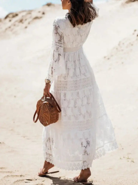 Boho Long Dress Women Summer Lace V Neck Flare Sleeve Sexy Maxi Dress Lady Holiday Party Beach Wedding Dresses Vestidos De Mujer - Lootquake