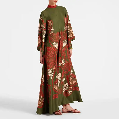Ethnic Retro Spring Print Boho Long Dress Women Sexy Stand Collar Lace-up Party Dress Fall Long Sleeve Loose Ladies Maxi Dresses - Lootquake