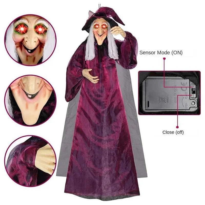 Halloween Hanging Witch Decor Skeleton with Sound Glowing Red Eyes Scary Talking Witch Halloween Decorations Haunted House Props