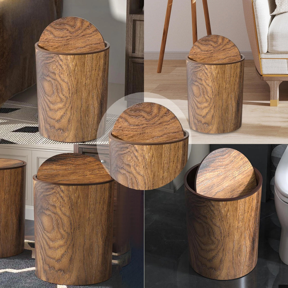 Papelera redonda multiusos con imitación de madera, con tapa creativa y tapa agitable para oficina, hogar y dormitorio.