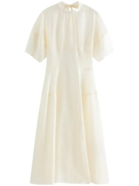 FSLE Women Long Dress Summer Temperament Two Piece Beige Dress Lyocell Short Sleeve Dress+Sleeveless Vest Dress Suit 24FS12929 - Lootquake