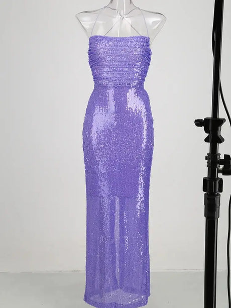 New Sexy Sleeveless Backless Lace-up Slim Long Dress Summer Elegant Pleated Backless Bright Sequins Dress Luxury Evening Dresses - Lootquake