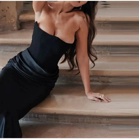 Sexy Strapless Patchwork Long Dress Women Slim Sleeveless Pleated Mermaid Dresses 2025 Spring Summer Lady Evening Solid Robe - Lootquake
