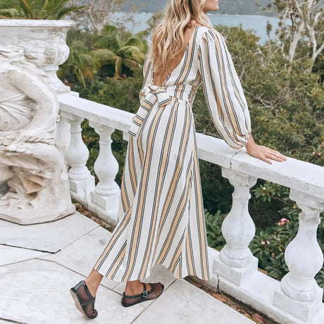 Hirigin Womens Summer Puff Sleeve Long Dress Boho Backless Tie Waist Maxi Dress Bohemian Midi Dress Gauze High Waist Dresses - Lootquake