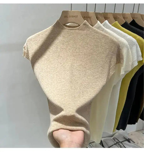 Half High Collar T-shirts Flying Sleeve Design Slim Knitted Sleeveless Top Women Simple Comfortable White T-shirts Summer 2025 - Lootquake