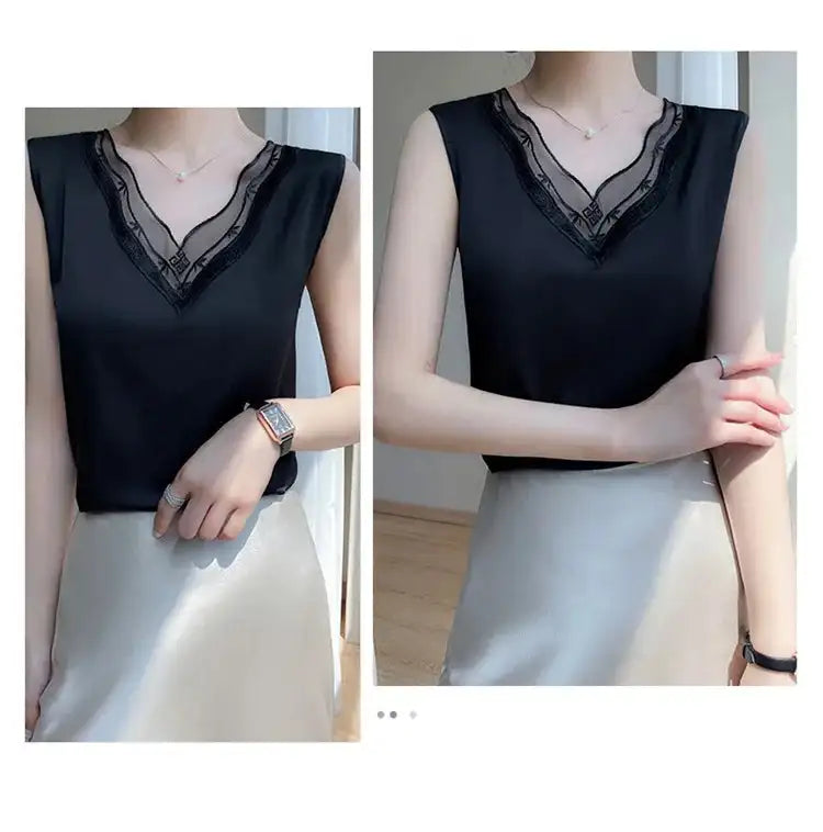 Nueva ropa de mujer, chaleco, camiseta sin mangas, traje de mujer, forro de encaje, verano 2024, nuevo top sin mangas de satén de seda, chalecos con tirantes