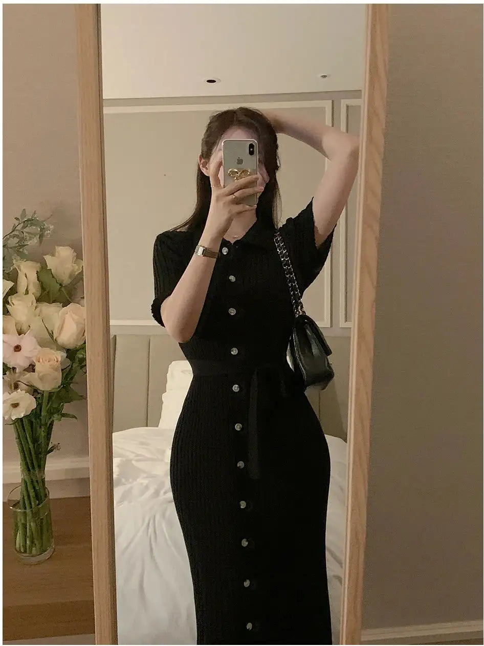 Elegant Summer Sweet Sle Turn-down Collar Single-button Thin Ice Silk Short-sleeve Knitted Long Dress Women's Fashion - Lootquake
