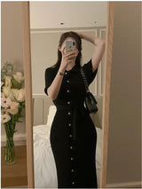 Elegant Summer Sweet Sle Turn-down Collar Single-button Thin Ice Silk Short-sleeve Knitted Long Dress Women's Fashion - Lootquake