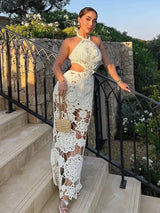 Fashion Hollow Out Halter Maxi Dress For Women 2024 Sexy Sleeveless Backless Long Dress Holiday Hook Flower Knitted Beach Robe - Lootquake
