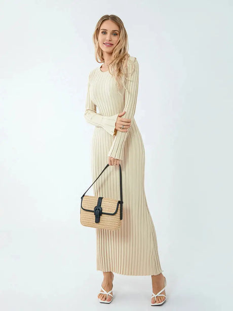 Women Spring Autumn Lace-up Knit Dress Elegant Long Sleeve Crew Neck Ribbed Solid Color Long Dress Streetwear - Lootquake