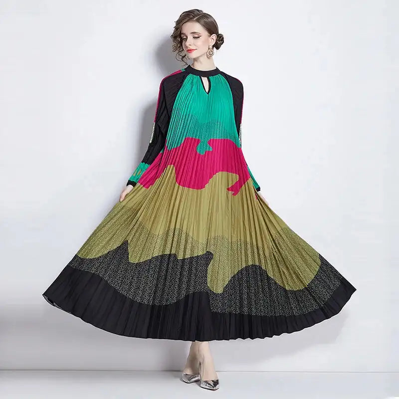 Spring Holiday Print Long Dress For Women Fashion Loose Lantern Sleeve Party Robe Female Big Swing Tassels Belt Pleated Clothes