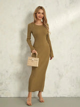 Women Spring Autumn Lace-up Knit Dress Elegant Long Sleeve Crew Neck Ribbed Solid Color Long Dress Streetwear - Lootquake
