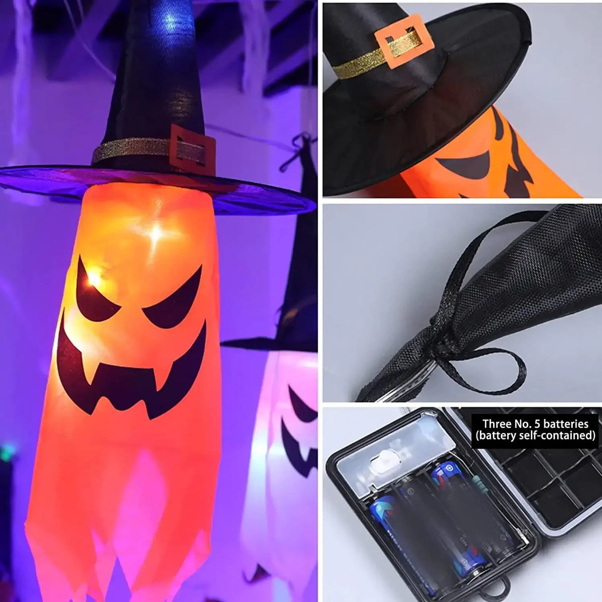 Halloween Decorations Outdoor 5 PCS Hanging Halloween Lighted Glowing Ghost Witch Hat with LED String Lights for Party Garden