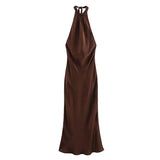 Off Shoulder Satin Halter Long Dress Woman Sexy Hanging Neck Female Pleated Dresses Summer Backless Midi Evening Party 2024 New - Lootquake