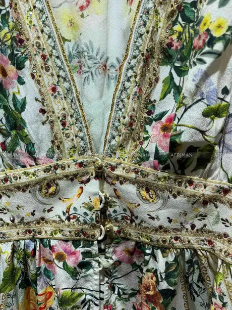 2024 New V-neck Heavy Beaded Butterfly and Flower Print Women Vacation Wear 100% Silk Multi-layer Ruffles Long Dress - Lootquake
