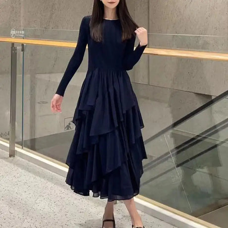 LANMREM Elegant Pleated Long Dress For Women Round Neck Long Sleeves Ruffles A-line Dresses Fashion 2025 Spring New 32C2026 - Lootquake