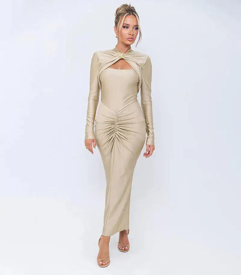 GACVGA Sexy Hollow Out Ruched Maxi Dress For Women 2024 Autumn Winter Long Sleeve Slit Slim Elegant Party Evening Long Dress