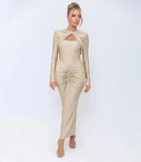 GACVGA Sexy Hollow Out Ruched Maxi Dress For Women 2024 Autumn Winter Long Sleeve Slit Slim Elegant Party Evening Long Dress