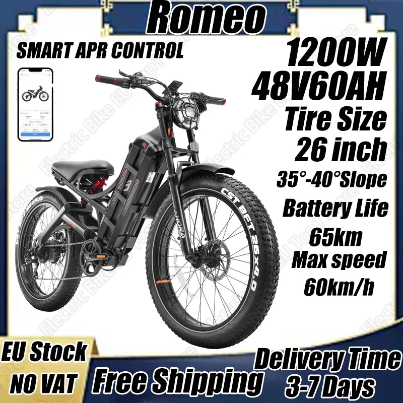 Bicicleta eléctrica Romeo con motor de 1200 W, 48 V, 60 Ah, 34 mph, velocidad máxima, 26 x 4 pulgadas, neumáticos anchos todoterreno, para acampar, para adultos.