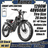 Bicicleta eléctrica Romeo con motor de 1200 W, 48 V, 60 Ah, 34 mph, velocidad máxima, 26 x 4 pulgadas, neumáticos anchos todoterreno, para acampar, para adultos.