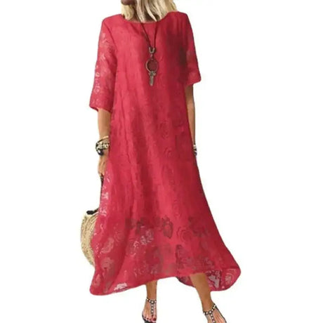 Women's Summer Round Neck Short Sleeve Lace Long Dress Vintage Handmade Hollow Flower Dress Lace Loose Casual Long Dress - Lootquake
