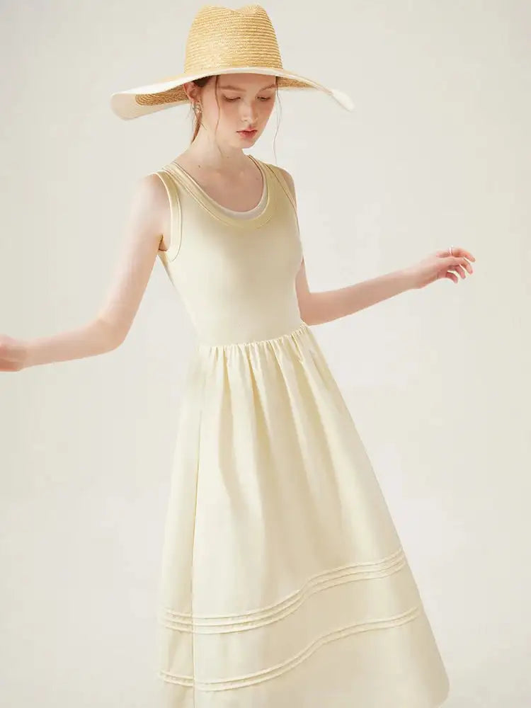 FSLE Classic Cleanfit Elegant Fake Two-pieces Vest Summer Women Long Dress 2024 New Versatile Casual A-Line Dress 24FS12982 - Lootquake