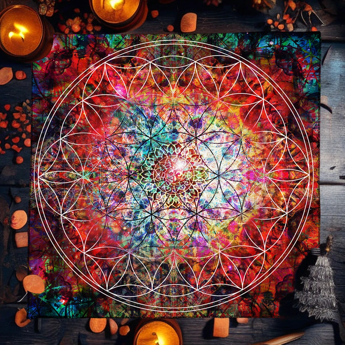 Nappe de tarot mandala bleu, nappe de vie florale pour tarot, ciel étoilé mystique, nappe d'autel Wicca, tapis de jeu de cartes