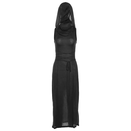 Trendy Hooded Sleeveless Long Dress Korean Style Ladies Lace Up Bodycon Sexy Split Dress Gothic Hip Hop Grunge Maxi Dress - Lootquake
