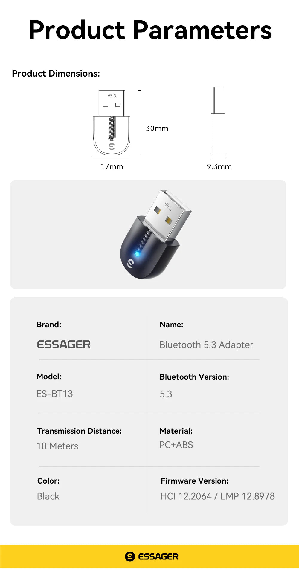 Adaptador USB Bluetooth 5.3 Essager, receptor y transmisor de audio auxiliar para PC, altavoz, portátil, caja de sonido, ratón inalámbrico, transmisor USB