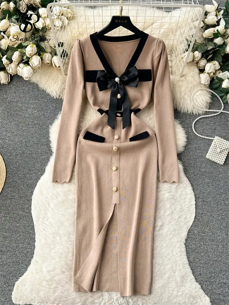 SINGREINY Office Lady Sweater Long Dress 2023 Bow Single Breasted Elastic Split Women Autumn Dress Fashion Senior Knitted Dress