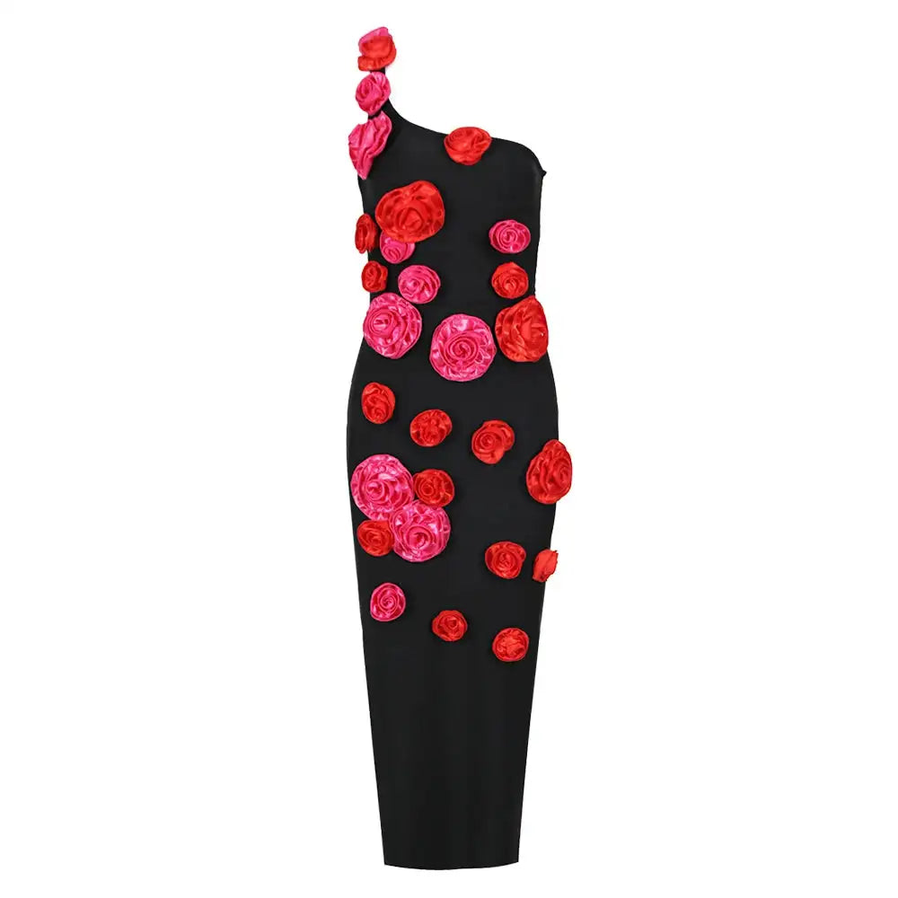 2025 New Spring Women Sexy One Shoulder Red Flowers Bodycon Bandage Long Dress Celebrate Evening Party Nightclub Dress - Lootquake