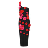 2025 New Spring Women Sexy One Shoulder Red Flowers Bodycon Bandage Long Dress Celebrate Evening Party Nightclub Dress - Lootquake