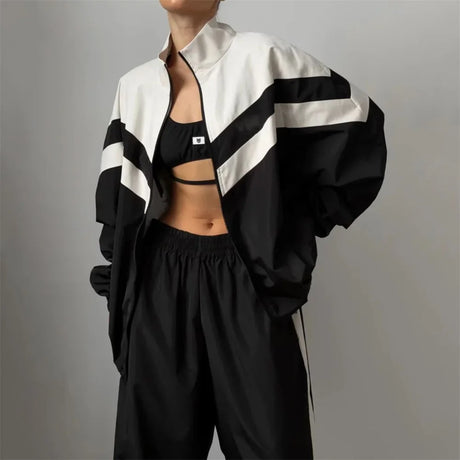 Autumn Winter Long Sleeve Zipper Sports Pant Sets Women Patchwork Hip-Hop Ladies Street Loose 2 Piece Sets Women Outfit 2024 New - Lootquake
