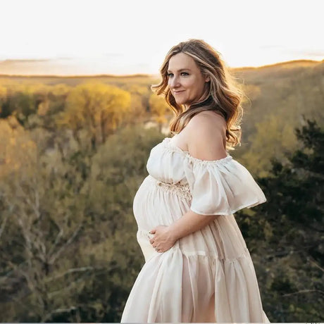 Maternity Dress For Photoshoot Pregnancy Off Shoulder Ruffled Semi Transparent Chiffon Long Dress Photography Dress For Women - Lootquake