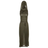 Trendy Hooded Sleeveless Long Dress Korean Style Ladies Lace Up Bodycon Sexy Split Dress Gothic Hip Hop Grunge Maxi Dress - Lootquake