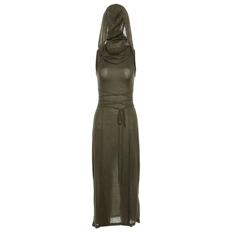 Trendy Hooded Sleeveless Long Dress Korean Style Ladies Lace Up Bodycon Sexy Split Dress Gothic Hip Hop Grunge Maxi Dress - Lootquake