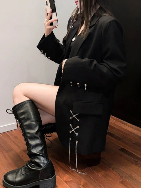 KOSAHIKI Harajuku Women Jackets Black Gothic Punk Hip Hop Solid Vintage Blazer Coats  Chic Chain Loose Jacket Streetwear - Lootquake