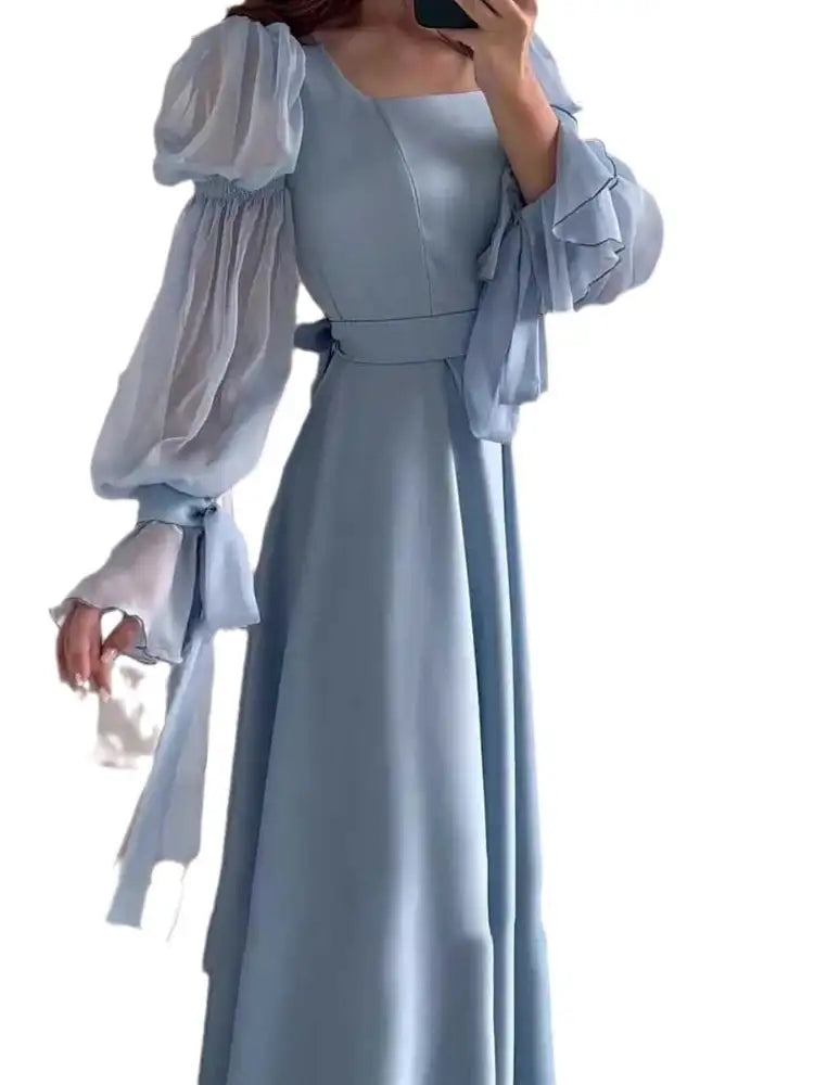 Eid Muslim Party Dress Women Sweet Puff Sleeve Long Dress Square Collar Vestidos Largo Ramadan Abayas Dubai Arab Long Robe 2024 - Lootquake