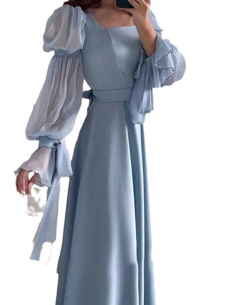 Eid Muslim Party Dress Women Sweet Puff Sleeve Long Dress Square Collar Vestidos Largo Ramadan Abayas Dubai Arab Long Robe 2024 - Lootquake
