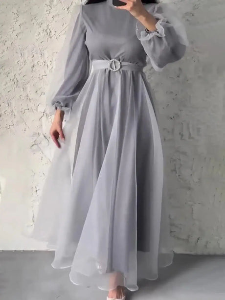 Spring Elegant Mesh Dress Muslim Women Fashion Solid High Waist Mesh Lantern Sleeves Long Dress Women - Lootquake