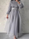 Spring Elegant Mesh Dress Muslim Women Fashion Solid High Waist Mesh Lantern Sleeves Long Dress Women - Lootquake