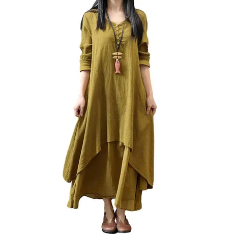 Women Elegant Linen White Dresses Bohemia Layering Vintage Robe Long Sleeve Loose Long Dress Female Autumn Vestidos - Lootquake